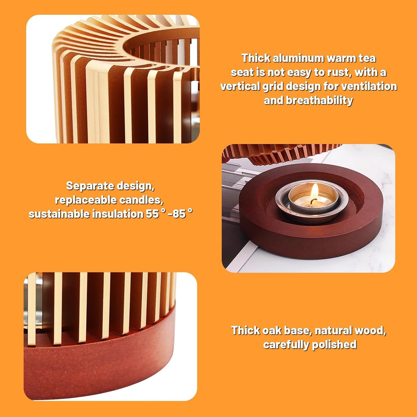 Inmorven Teapot Warmer, Aluminum Tea Warmer with Wooden Base, 4.33 inch Candle Heater for Heating Tea, Coffee, Milk, Food,Camping and Traveling, Suitable for All Teapots - S