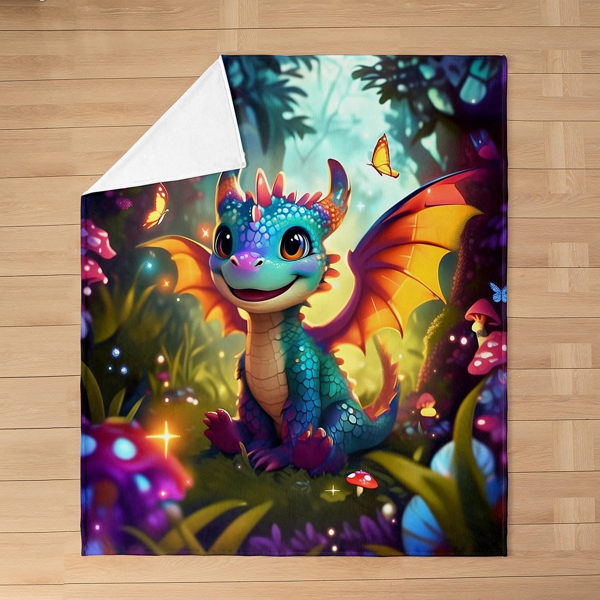 Cartoon Dragon Fleece Blanket Polka Dot Mushroom Throw Blanket Cute Western Dragon Fuzzy Blanket Fantasy Jungle Butterfly Plush Bed Blanket Throw Size for Home Bedroom Sofa Bed