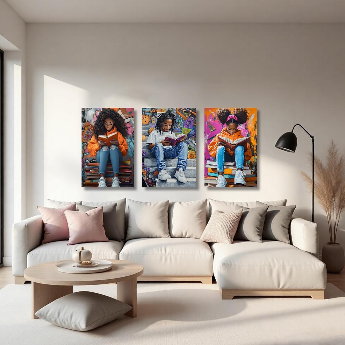 ZSHARTSWD 3 Pieces African American Wall Art Black Girl with Boy Reading Picture Black Children Canvas Print Inspiring Painting for Teen Bedroom Decor Framed (Orange, 11.00" x 14.00" x 3PCS)