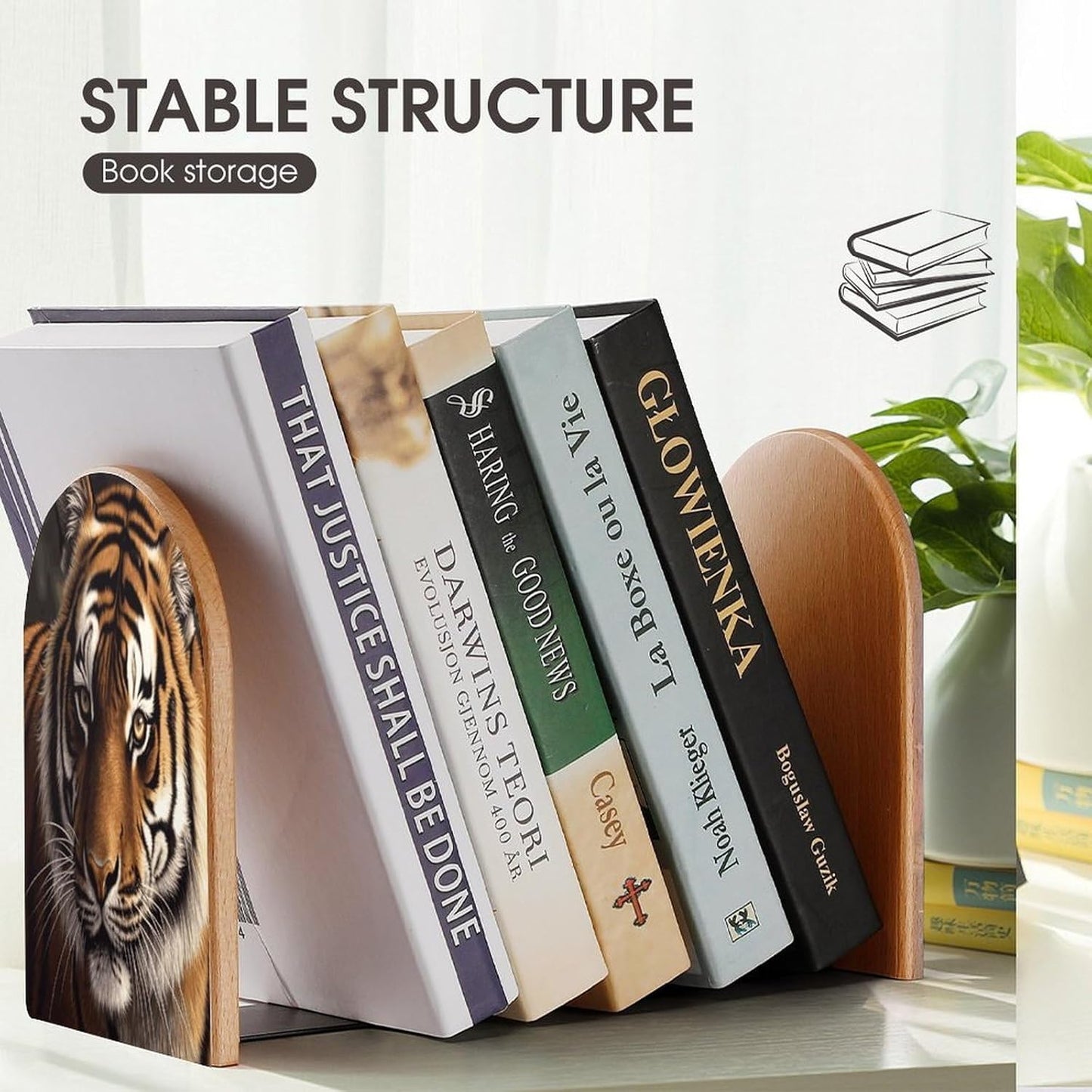 Bengal Tiger Bookend for Shelves Wooden Book End Large Size Sturdy Book Holders Stoppers with Metal Base for Bookshelves Slick Decorative Bookends Stands