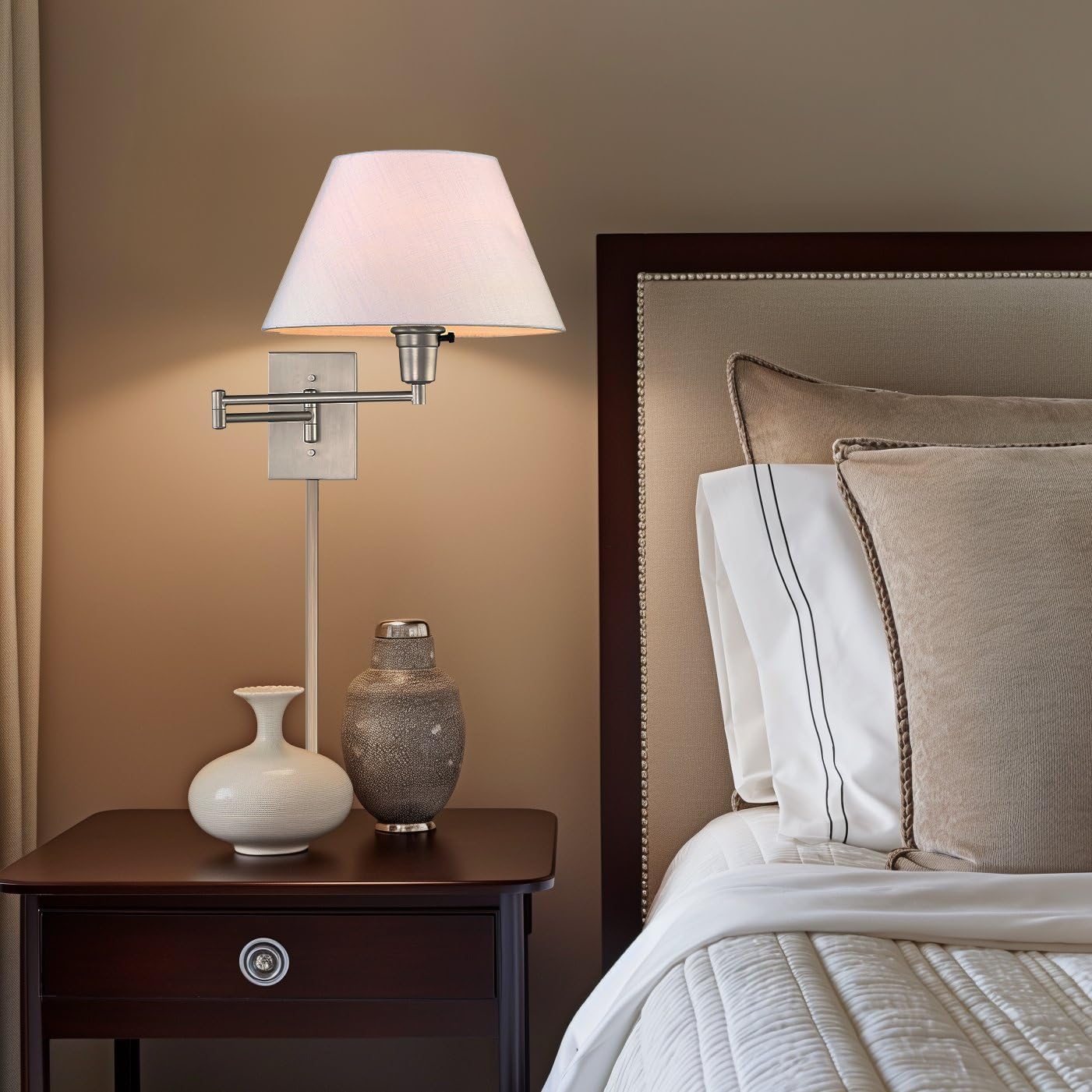Kira Home Cambridge 15" Swing Arm Wall Lamp - Plug in/Wall Mount + White Fabric Shade, 150W 3-Way + Cord Covers, Satin Nickel Finish, 2-Pack