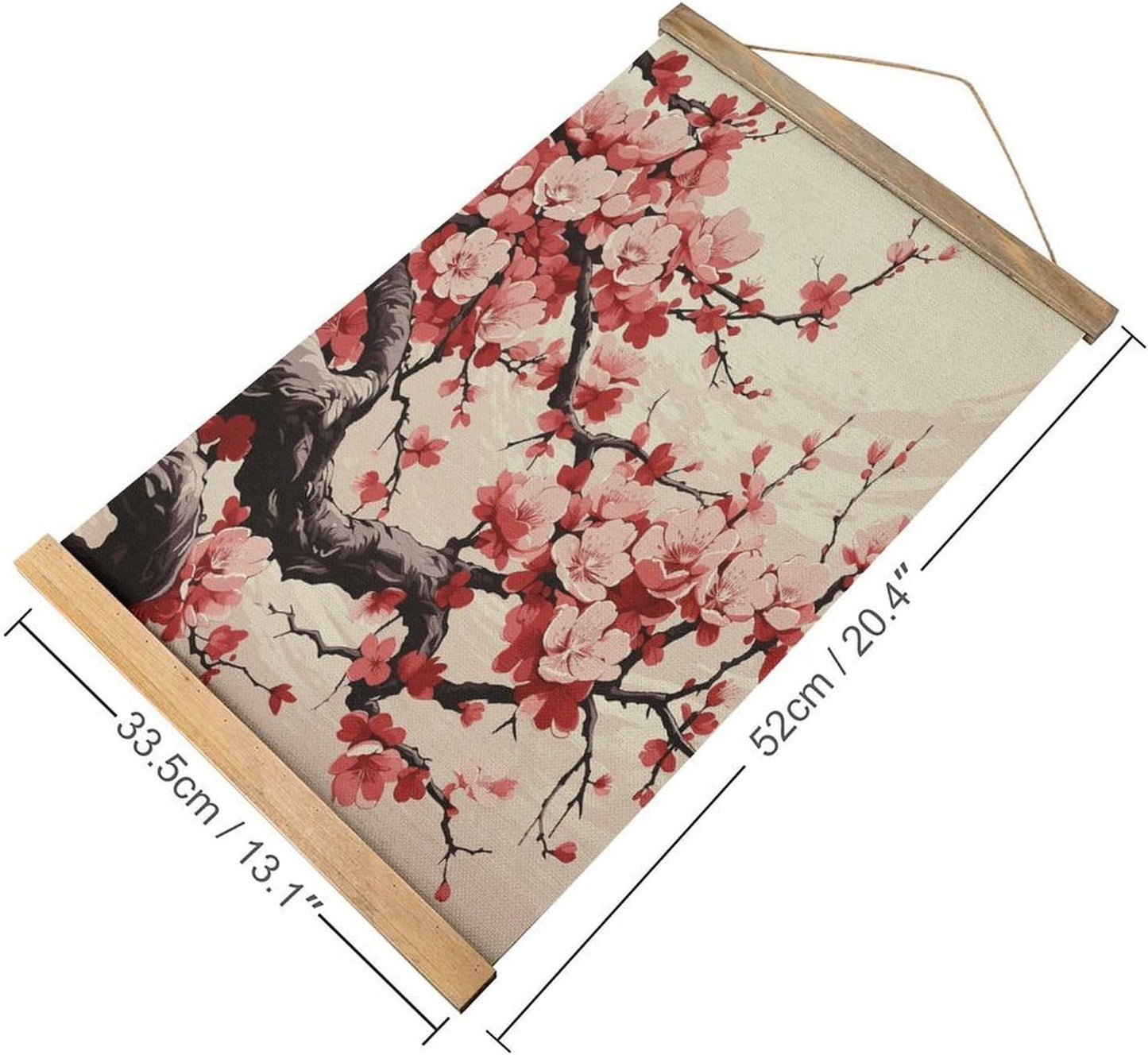Vintage Japanese Floral Cherry Blossom Poster with Wooden Frame Personalized Linen Hanging Scroll Painting Rustic Wall Hanging Illustrative Modern Artwork Decor for Home Living Room Bedroom Office
