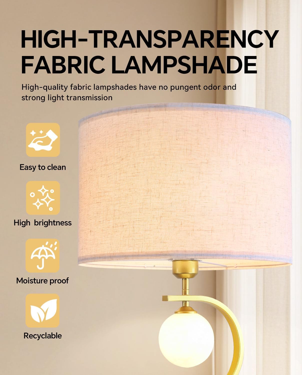 63" Vintage Gold Floor Lamp with Spherical Light, Mid-Century Modern Linen Shade Standing Lamp for for Living Room Reading House Bedroom Home (LED Bulb Included)