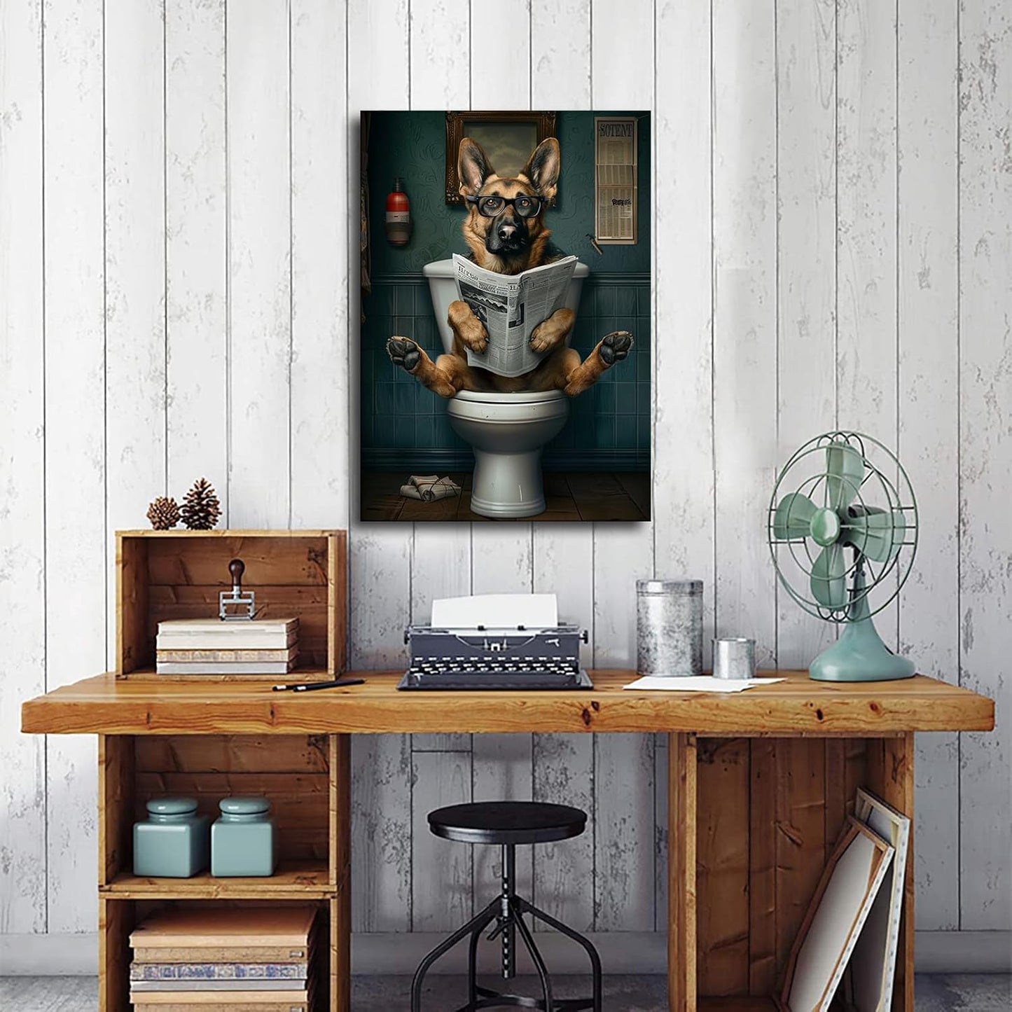 chenmjj German Shepherd Reading Newspaper Print Poster Picture HD Print Poster Retro Painted Modern Home Bedroom Room Aesthetic Decoration Canvas Art (08x12inch Unframed)