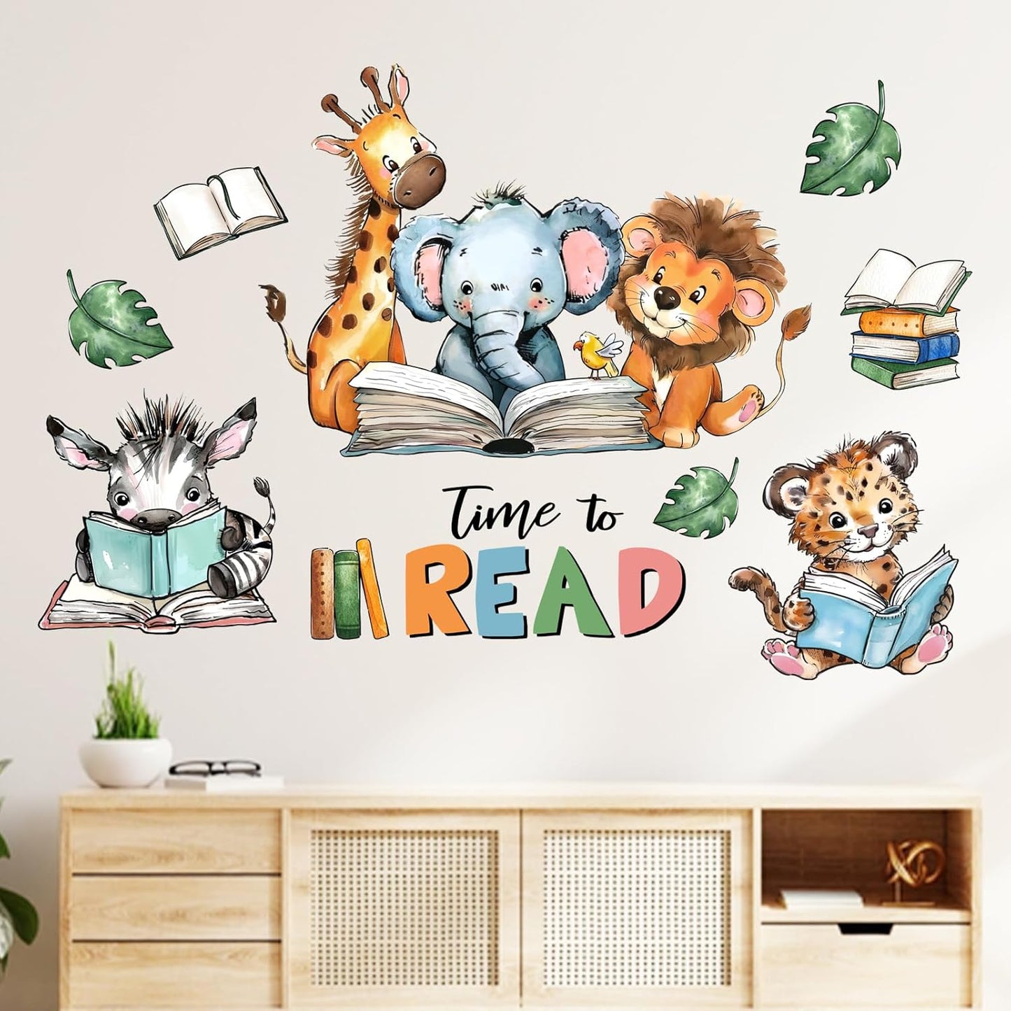 Mfault Time to Read Animal Book Wall Decals Stickers, Educational Elephant Lion Giraffe Nursery Decorations Classroom Bedroom Art, Zebra Leopard Plant Neutral Toddler Kids Reading Corner School Decor