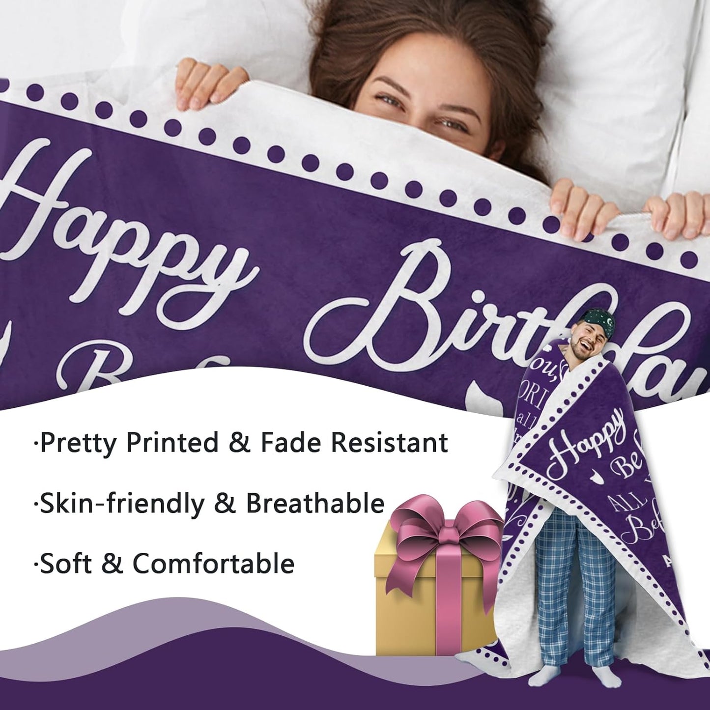 Happy Birthday Gifts for Women Men Flannel Throw Blanket, Friendship Birth Day Ideas, Bday Present for Wife Mom Sister Grandma, Soft Purple Blankets for Bedding Sofa 50" x 60"