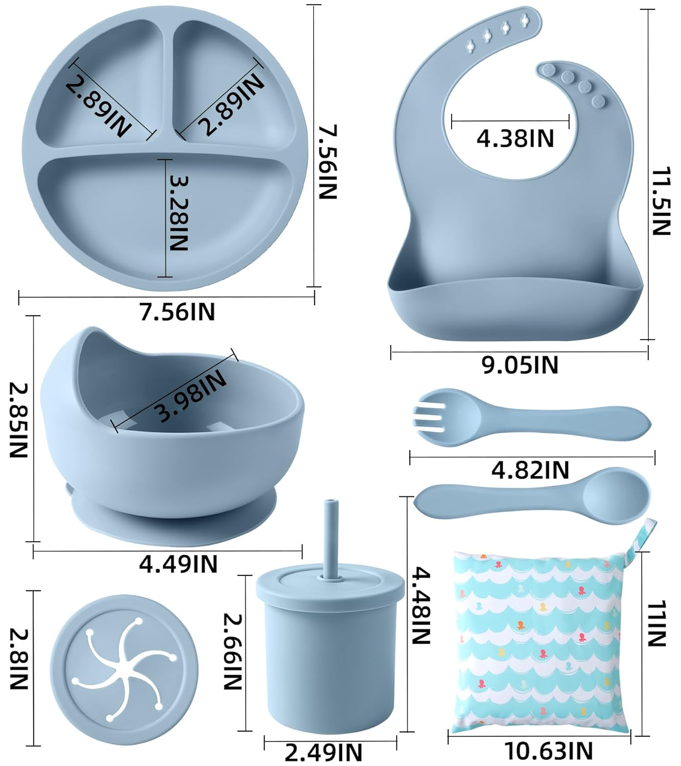 Silicone Baby Feeding Set, 10 Pcs Baby Led Weaning Supplies Baby Eating Essentials Set with Suction Bowl Divided Plate Adjustable Bib Soft Spoon Fork Cup with Lid Drinking Cup, Travel Bag (Blue)