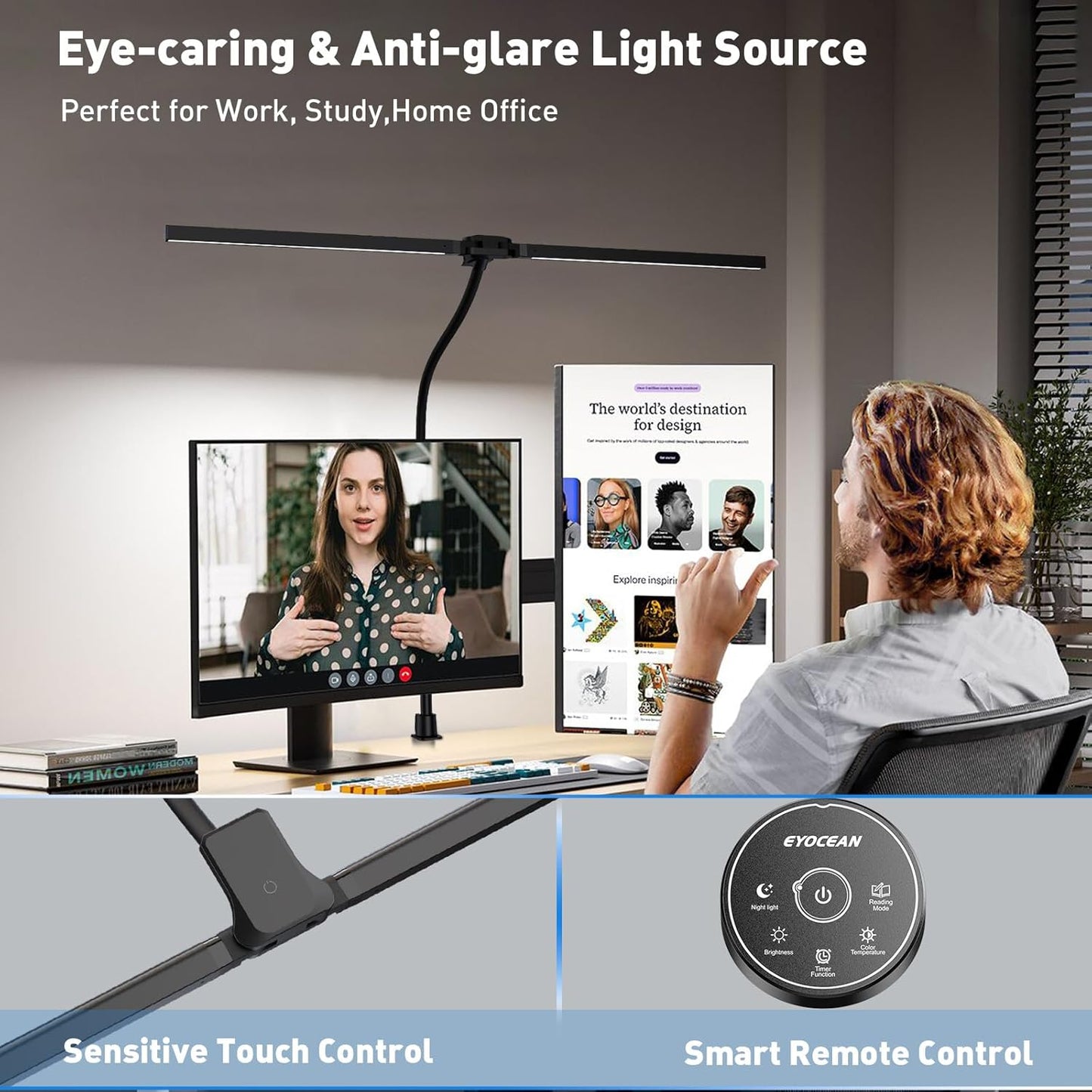 Desk Lamp with Clamp, 31.5" LED Desk Lamp for Home Office, 24W Gesture Sensing Control Desk Light, Dimmable & Color Temperature, Eye-Caring Office Lamp, Brightest Architect Lamp for Screen