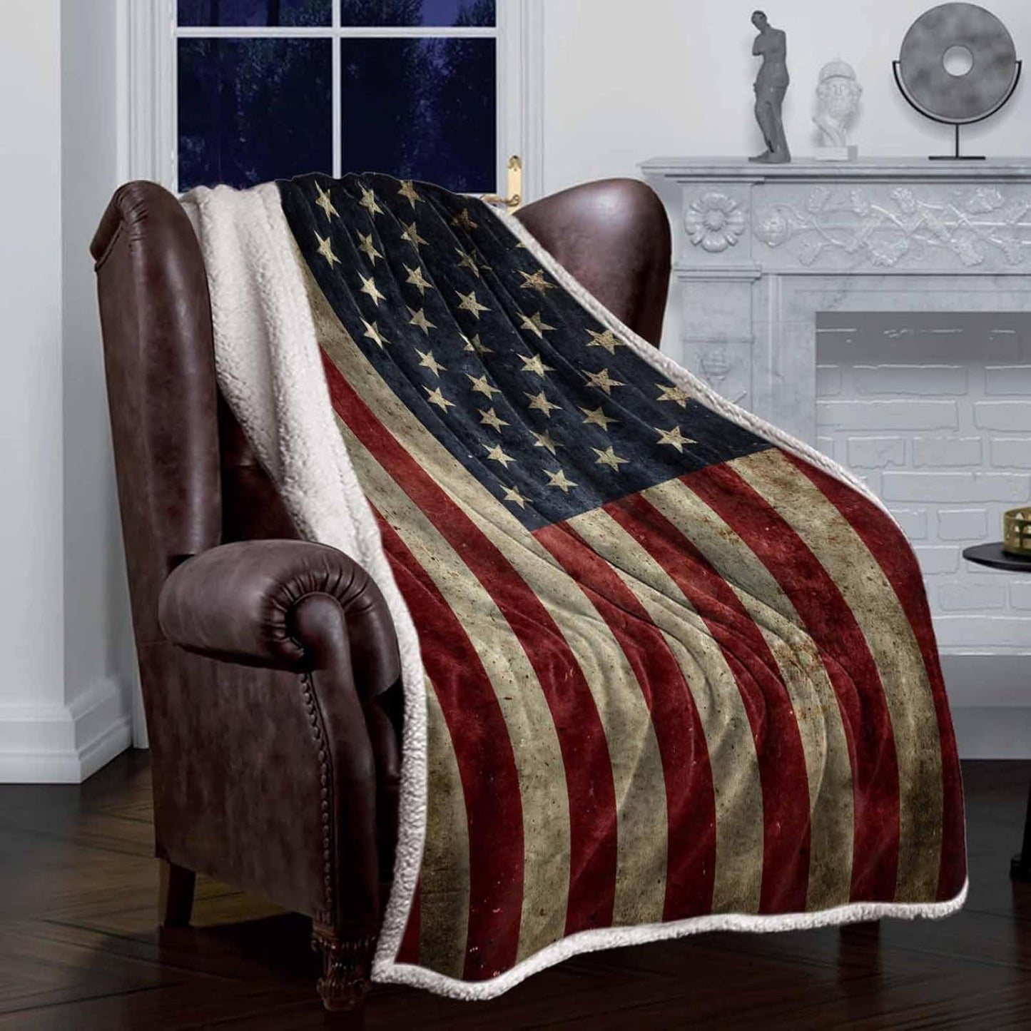 US Flag Sherpa Fleece Blanket, Super Thick and Warm Cozy Luxury Blanket 50"x60", Vintage American Flag Fourth of July Independence Day Themed Bed Blanket, Fluffy Microfiber Throw Blanket for Couch
