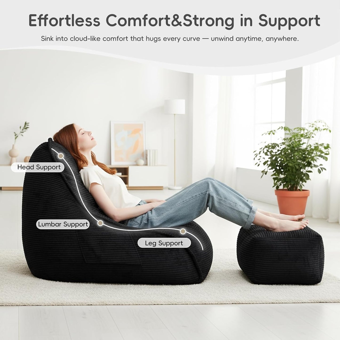 Bean Bag Chair with Ottoman for Adults, Large Corduroy Bean Bag Couch, Boneless Chaise Lounge Reading Chair with High-Resilience Foam, Floor Lounger for Bedroom Living Room (Black)