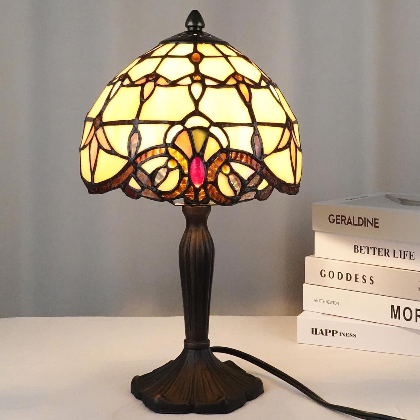 TL0007 Tiffany Lamp Baroque Design Stained Glass Table Lamp 8" D x 14.25" H for Living Room Bedroom Bedside Nightstand Home Office, LED Bulb Included (Beige Baroque)