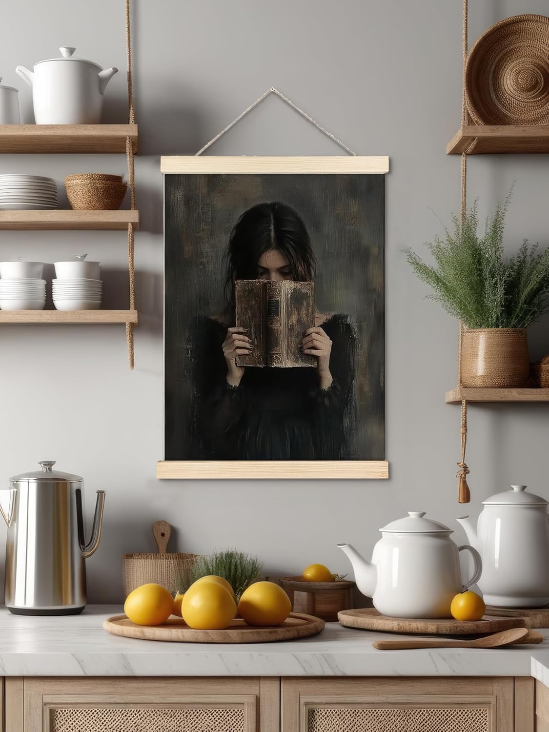 Vintage Book Girl Pattern Hanging Canvas Wall Art with Wooden Framed - Gothic Moody Dark Academia Print Library Hanging Posters, Goth Victorian Dark Cottagecore Wall Decor for Study Dorm Book Nook