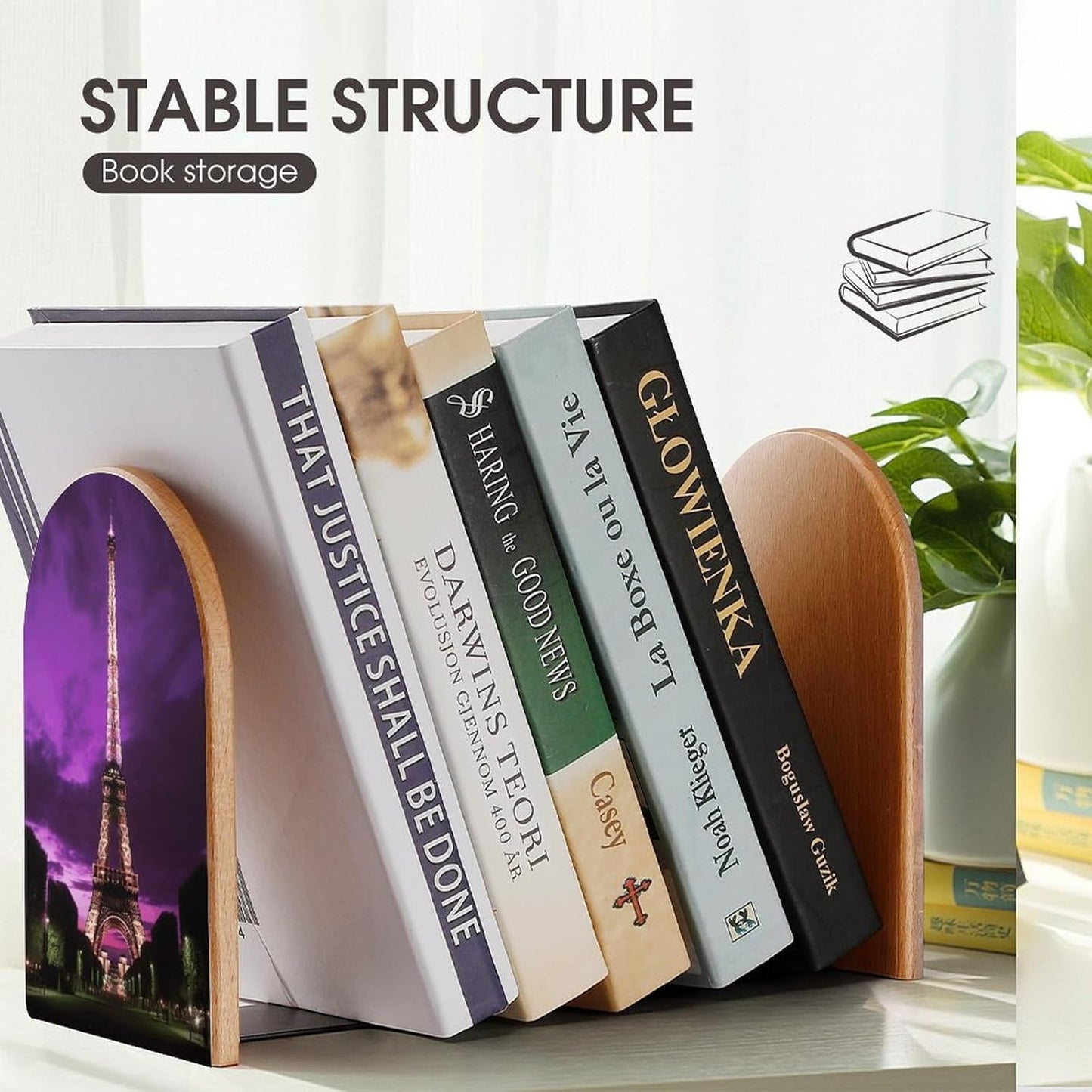 Purple Eiffel Tower Bookend for Shelves Wooden Book End Large Size Sturdy Book Holders Stoppers with Metal Base for Bookshelves Slick Decorative Bookends Stands