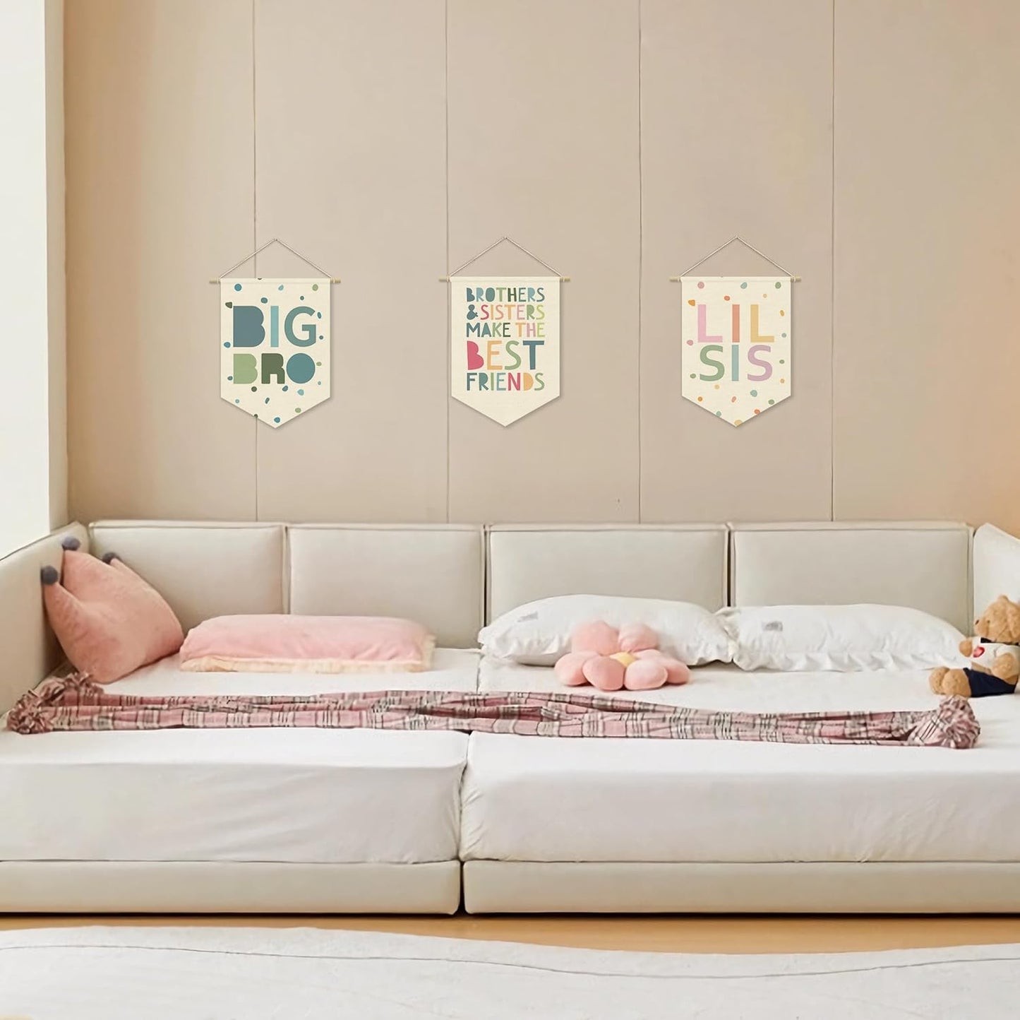Little Sisters Canvas Banner Pink Girl Nursery Decor ,Sisters Bedroom Playroom Wall Art Decorations,Boho Twin Room Sign,Lil Sis Big Sis,Two Baby Kids Room Sibling Wall Hanging Pennant Flag Banner