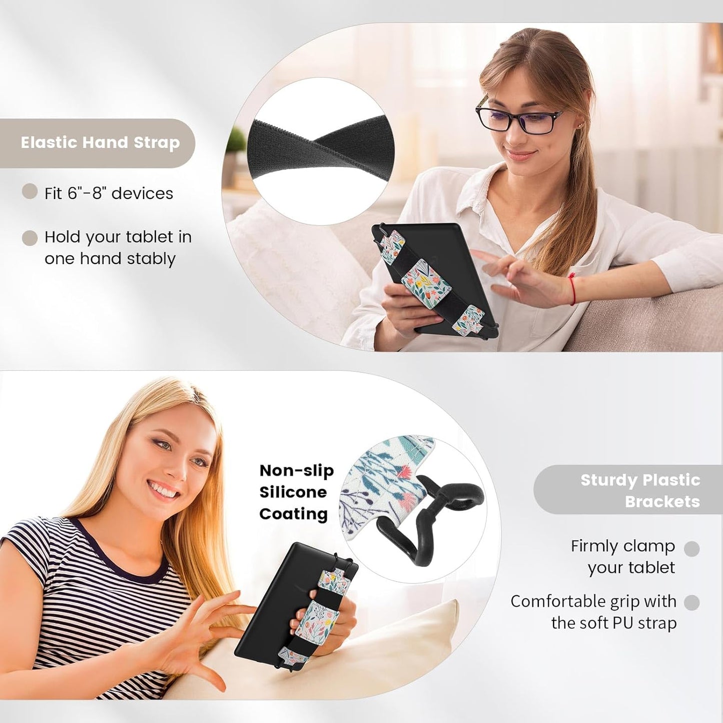MoKo Soft Hand Strap for 6-8" Kindle eReaders Fire Tablet Kindle/Kobo/Voyaga/Lenovo/Sony Kindle E-Book Tablet, Black High-Elasticity Versatile Hand Strap Lightweight Finger Grip Holder, Flowers