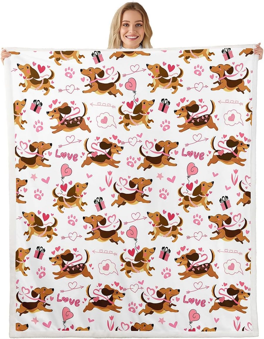 Manfei Happy Valentine's Day Kids Throw Blanket,Star Love Heart Dog Paw Romantic Bed Blanket,Dachshund Pet Animal Girls Boys Sofa Decor,Brown Pink Fuzzy Blanket,Throw Size (50 x 60 Inches)