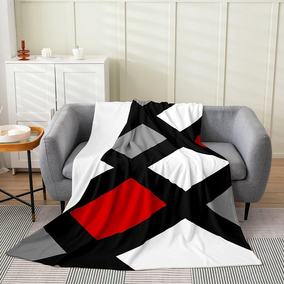 Red and Gray Black White Fuzzy Blanket Kids Modern Abstract Geometric Bed Throw Blanket Women Men Stripe Line Pattern Decor Fleece Throw Blanket Microfiber Flannel Plush Blanket Soft Queen