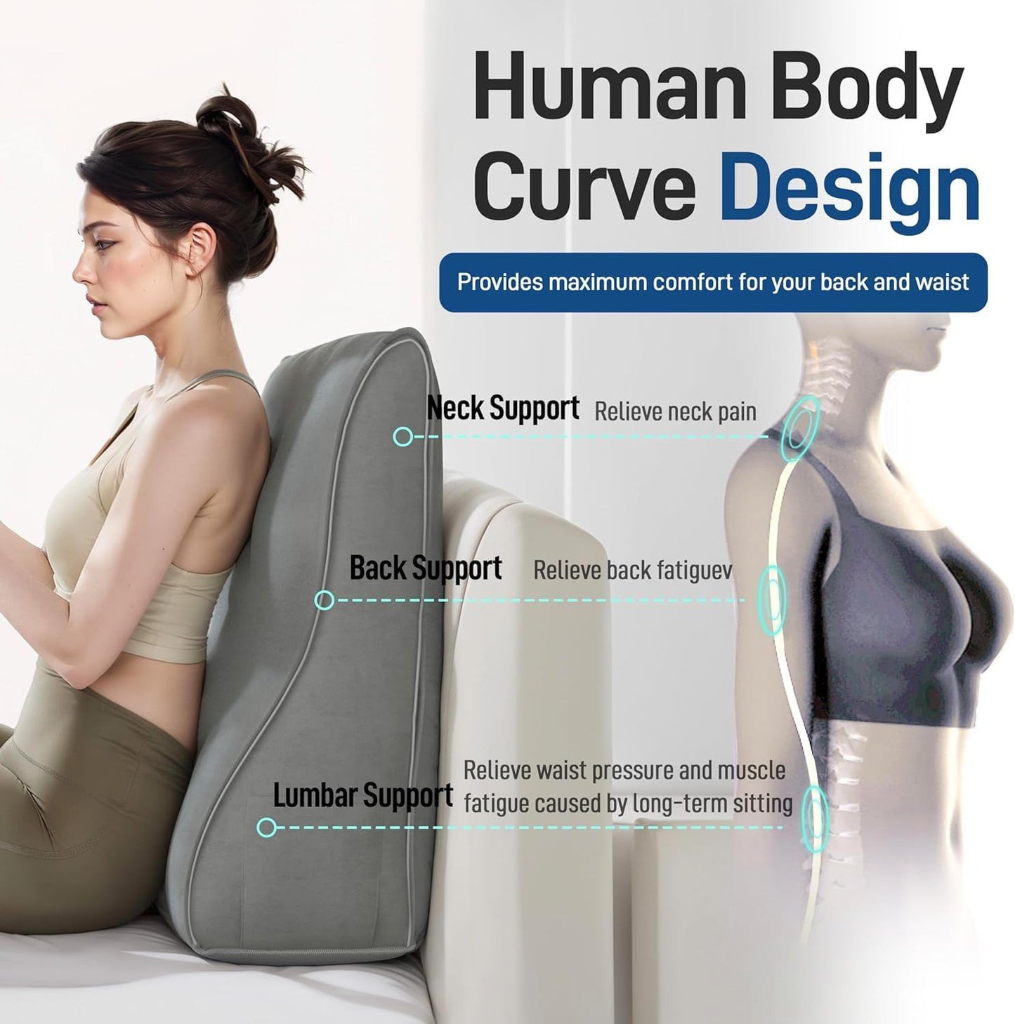 Daneey Reading Pillows for Sitting in Bed Adult Back Pillow for Bed Sitting Up, Back Support Pillow, Foam Wedge Pillow for Neck, Lumbar, Back, Gray, 20 * 9 * 22IN, Velvet