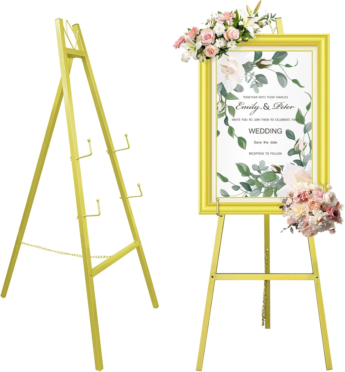Gold Easel Stand for Wedding Signs,No Assembly Needed-46.7' Heavy Duty Adjustable Wedding Easel with Tool-Free Knobs&Adjustable Chains, Fits Welcome Signs, Posters, Paintings, Events & Art Displays