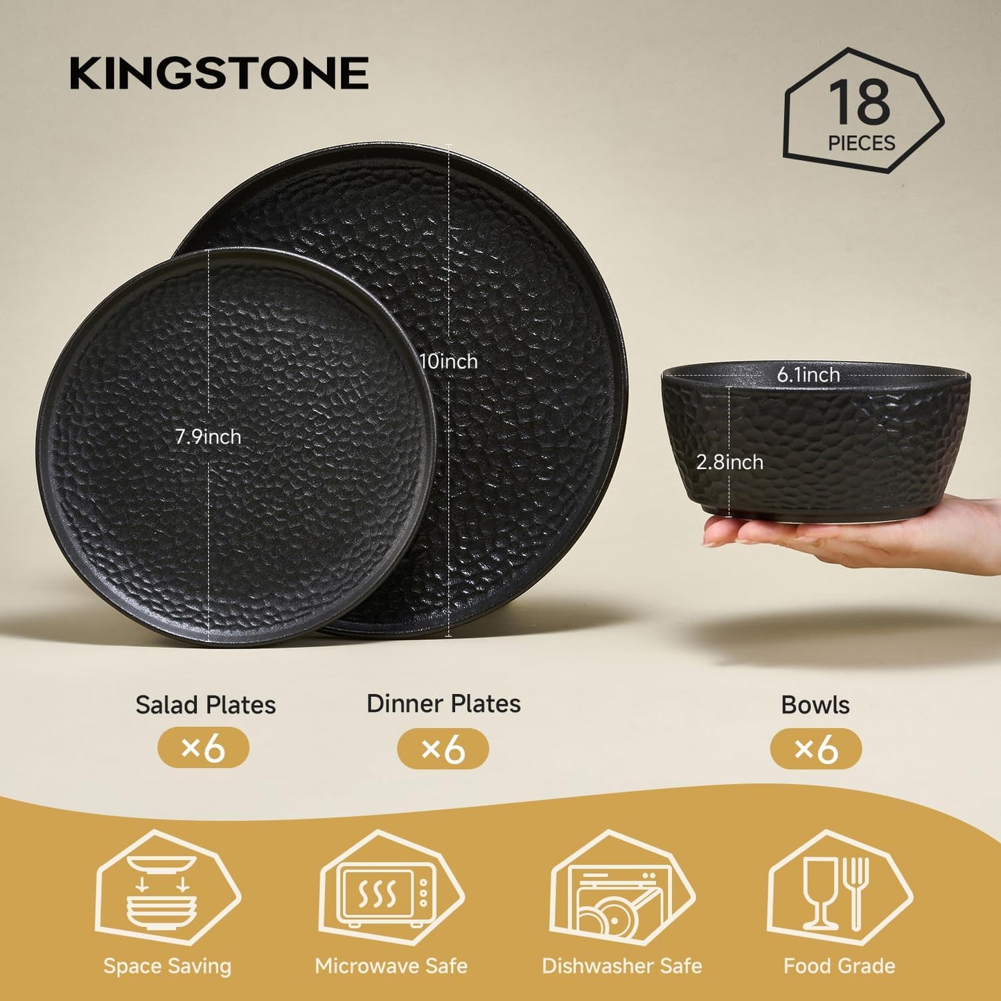 KINGSTONE Ceramic Dinnerware Set, 18-Piece Porcelain Plates and Bowls Set for 6, Matte Black or White, Hammered Texture, Microwave, Dishwasher & Oven Safe, Perfect for Home, Weddings & Gifts