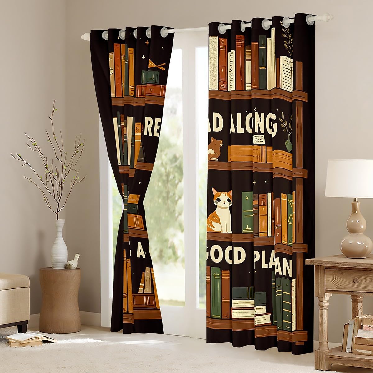 jejeloiu Books Window Drapes (2 Panels, 52 x 84 Inch) Kids Read Book Blackout Shades Window Treatments Library Reading Along Cats Cute Kitten Curtains Room Darkening Curtain Room Decor