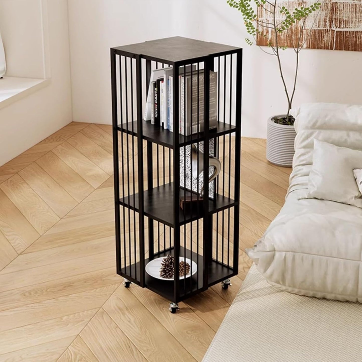 Simple Metal Bookshelf – Vertical Book Tower,360 degrees Vertical Bookshelf Tower,Tall & Narrow Ladder Bookcase, Modern Vertical Bookshelf Tower,Modern invisible Floating Bookshelf With wheels(107.5cm
