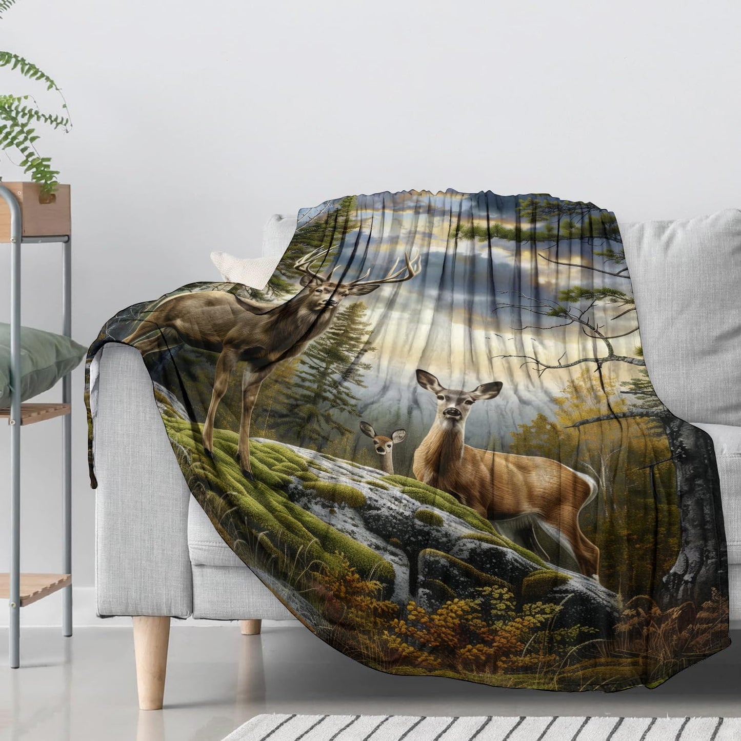 Wilderness Deer Flannel Throw Blanket 50x60 Inch, Realistic Animal in Mountain Forest at Sunset Blankets Soft Cozy Fleece Throws for Wildlife Lover Bed Sofa Dorm Living Room Decor Gifts