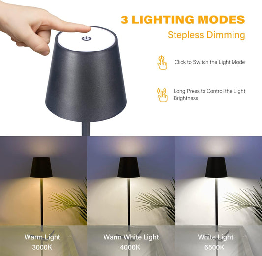 Cordless Table Lamps, 3 Colors Stepless Dimming, 5000mAh Rechargeable Battery LED Desk Lamp for Bedroom/Couple Dinner/Desk/Cafe/Dining Room/Terrace (Black)