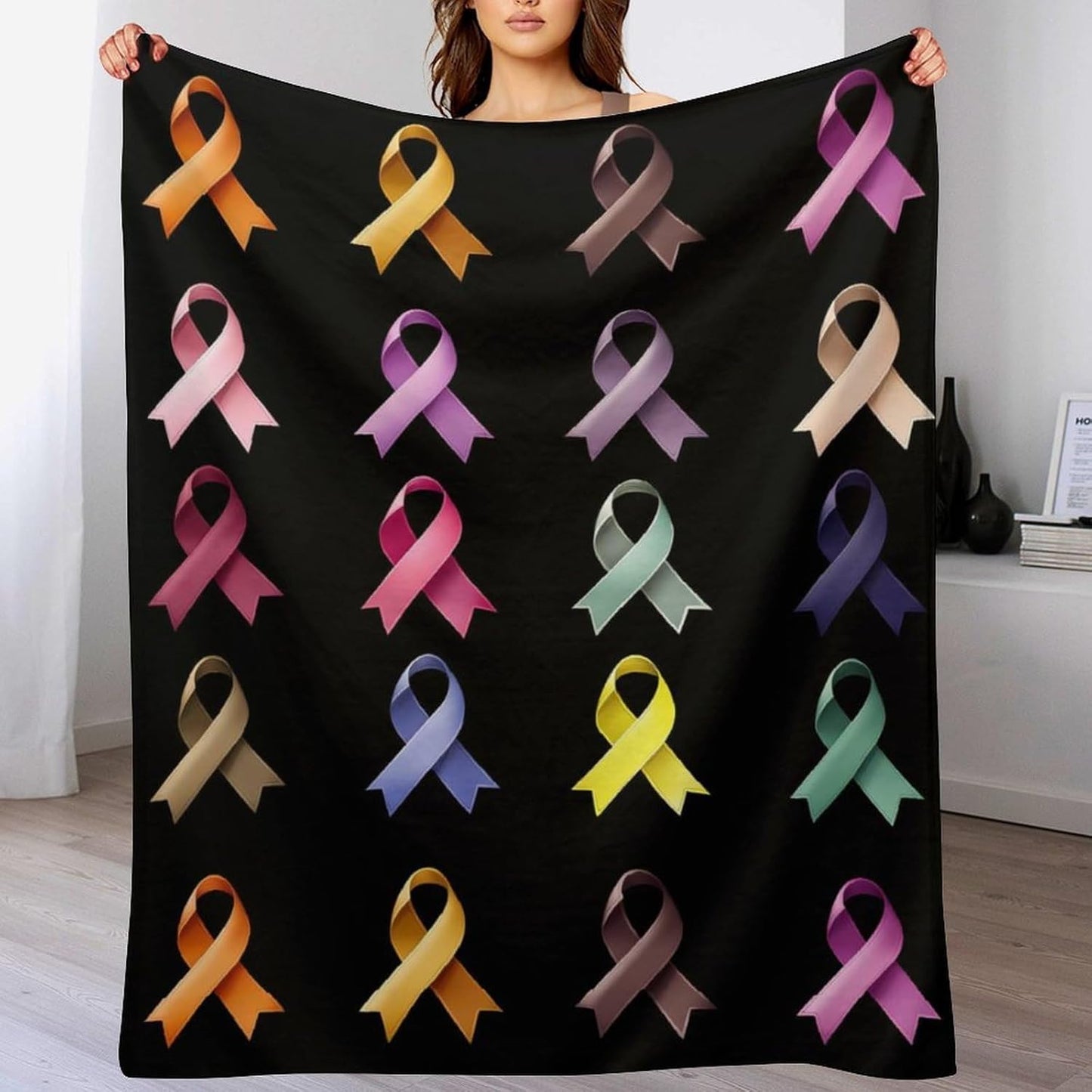 Colorful Breast Cancer Awareness Ribbon Throw Blanket for Couch Bed Plush Cozy Fuzzy Flannel Blanket for All Season 66"x90"