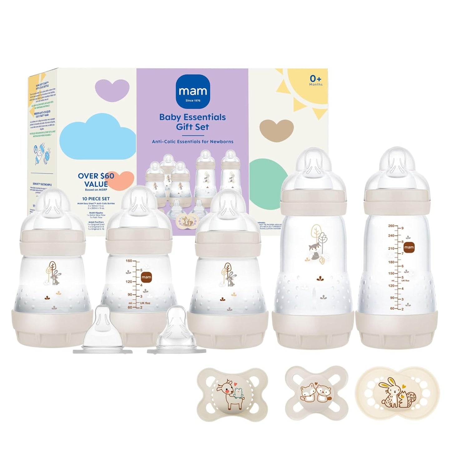 MAM Easy Start Anti-Colic Baby Bottle & Pacifier Set, 5 Self Sterilizing Bottles (3X 5oz, 2X 9oz) & 3 Original Pacifiers 0–16 Months + Extra Nipples, Newborn Feeding Gift Set