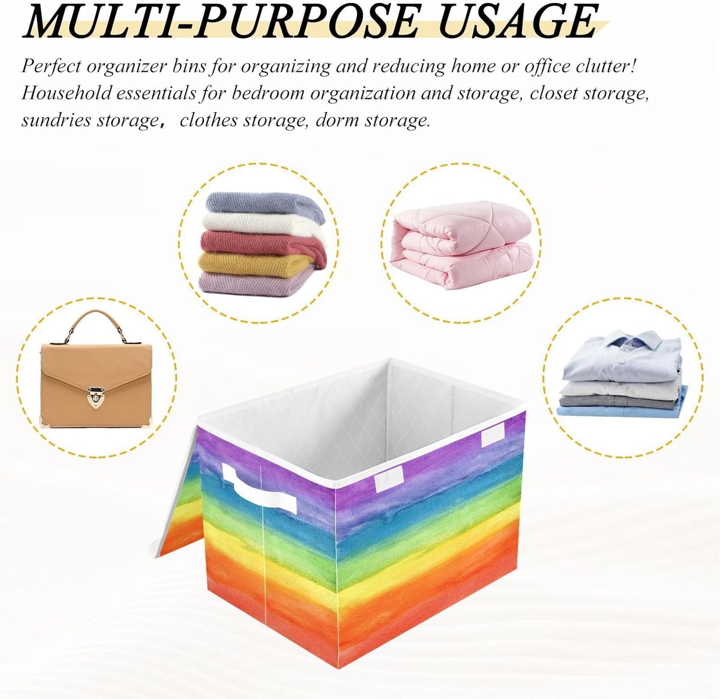 Large Collapsible Storage Bins with Lids, Colorful Stripe Rainbow Storage Baskets Organizer Containers with Handles for Clothes