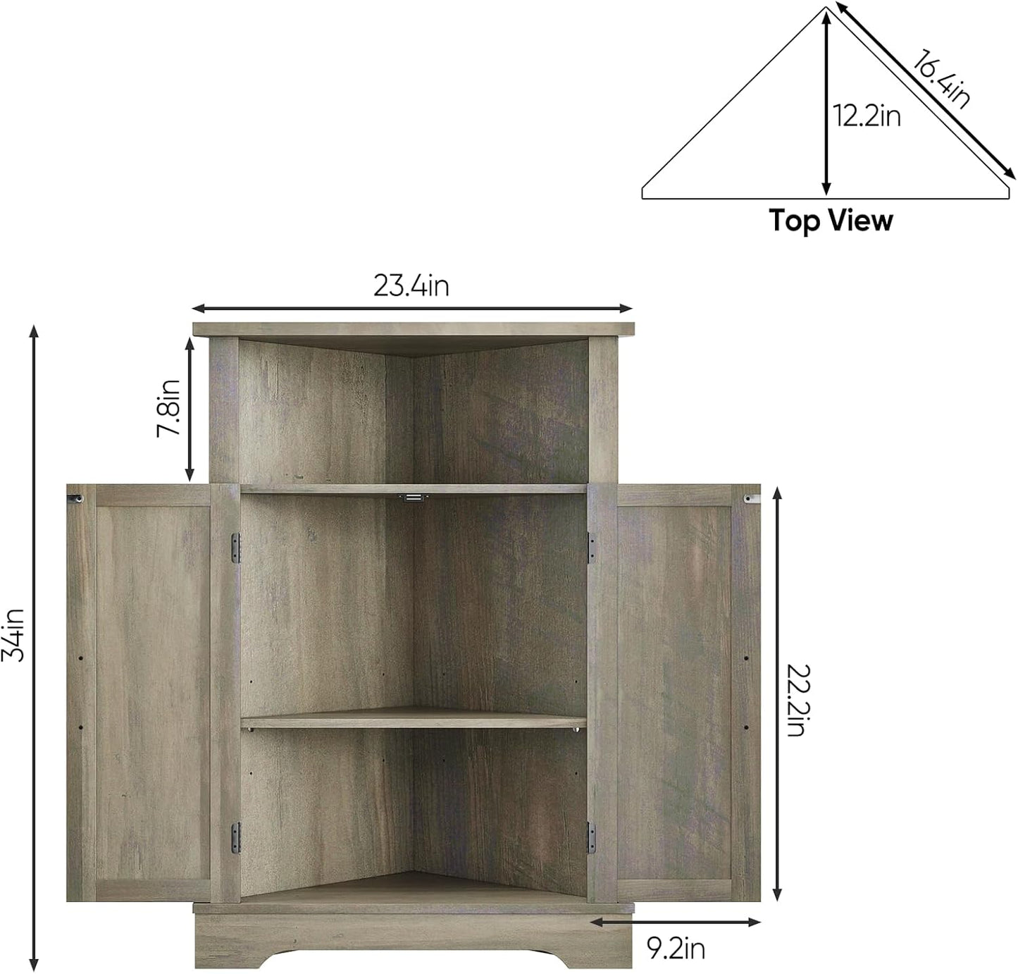 Bathroom Corner Cabinet, Farmhouse Floor Corner Cabinet with Doors and Adjustable Shelves, Freestanding Wooden Storage Hutch Cupboard for Bathroom, Kitchen, Living Room,Grey