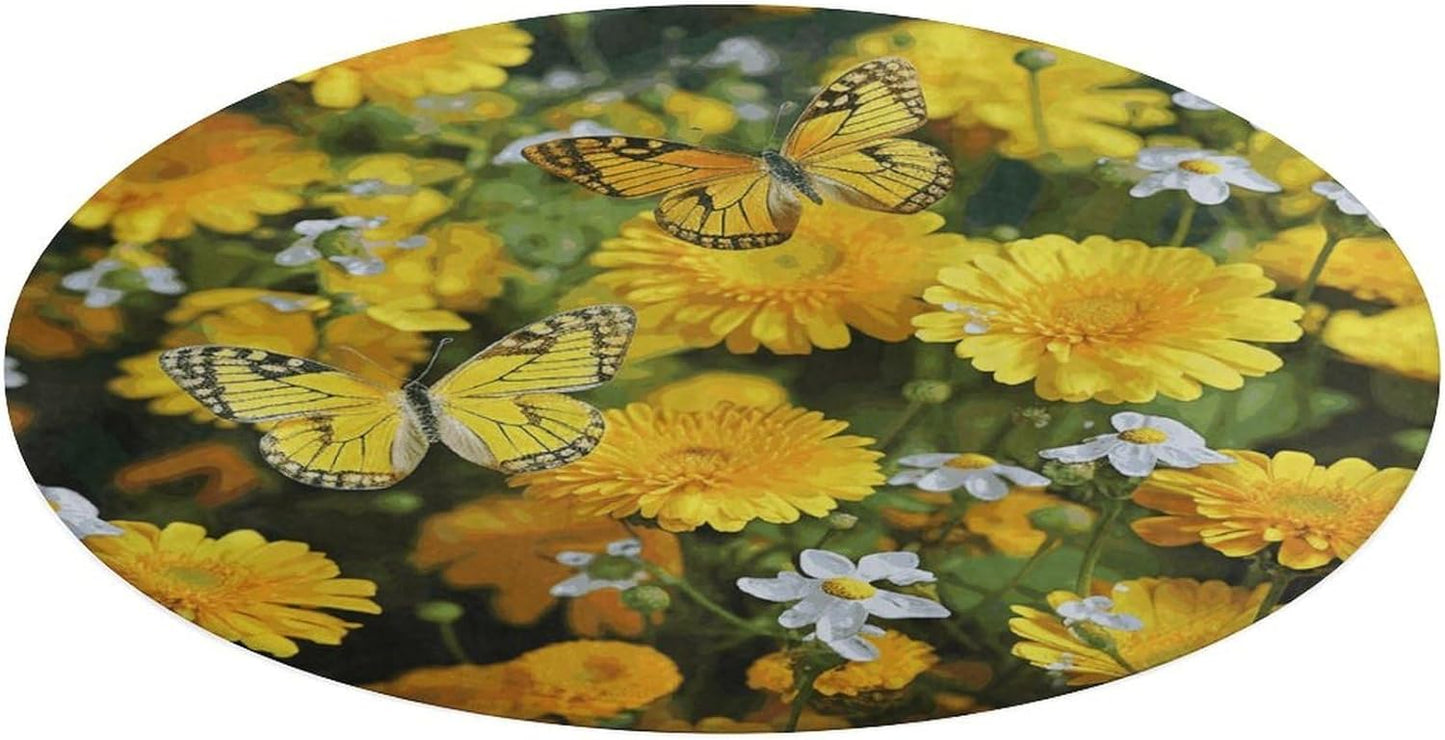 Yellow Butterfly and Yellow Daisies Circle Rug Retro Luxury Coral Velvet Floor Mat Non Slip Soft Indoor Floor Carpet Comfy Thickened Area Rugs Modern Aesthetic Minimalist Carpets for Home Decor