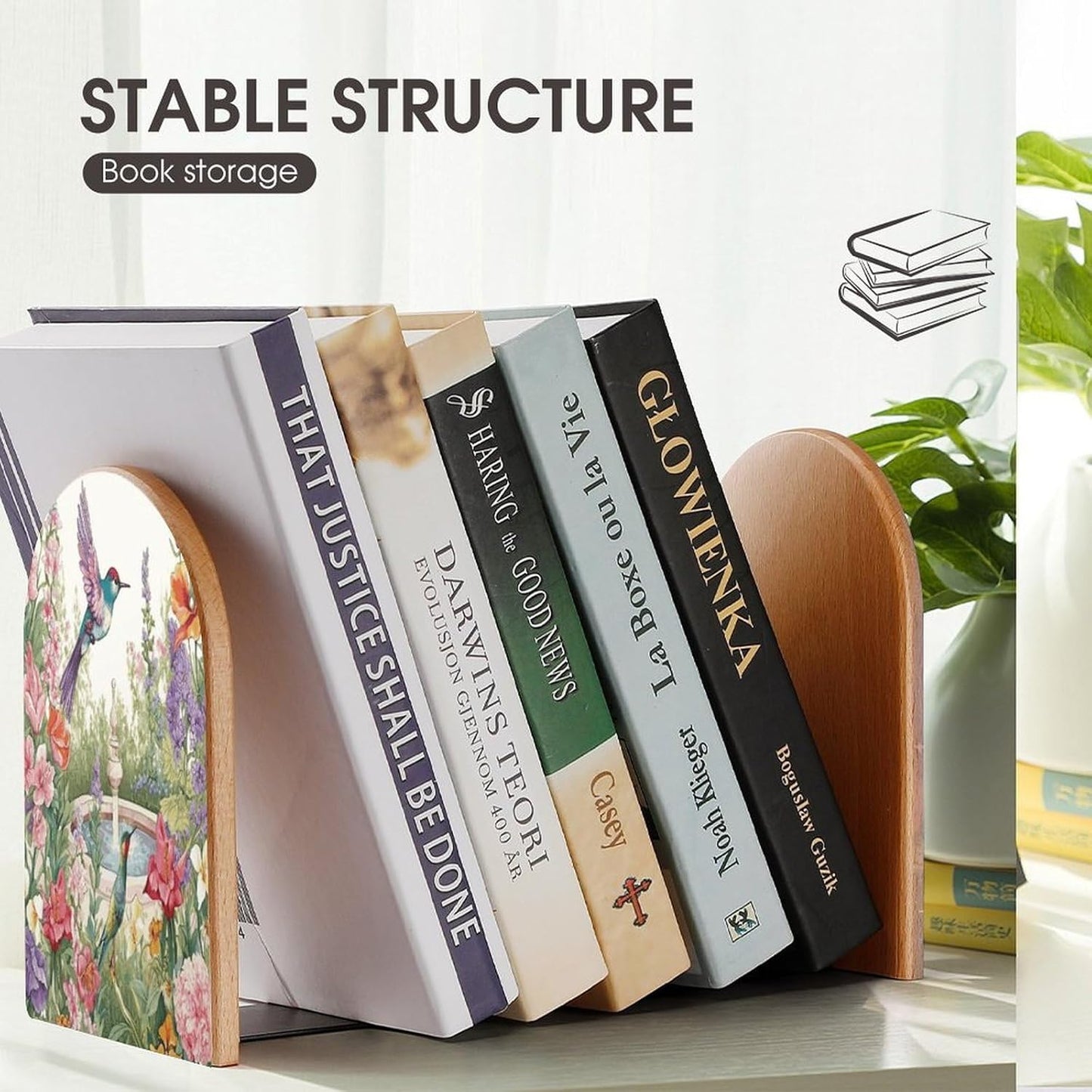 Garden with Birds and Flowers Bookend for Shelves Wooden Book End Large Size Sturdy Book Holders Stoppers with Metal Base for Bookshelves Slick Decorative Bookends Stands