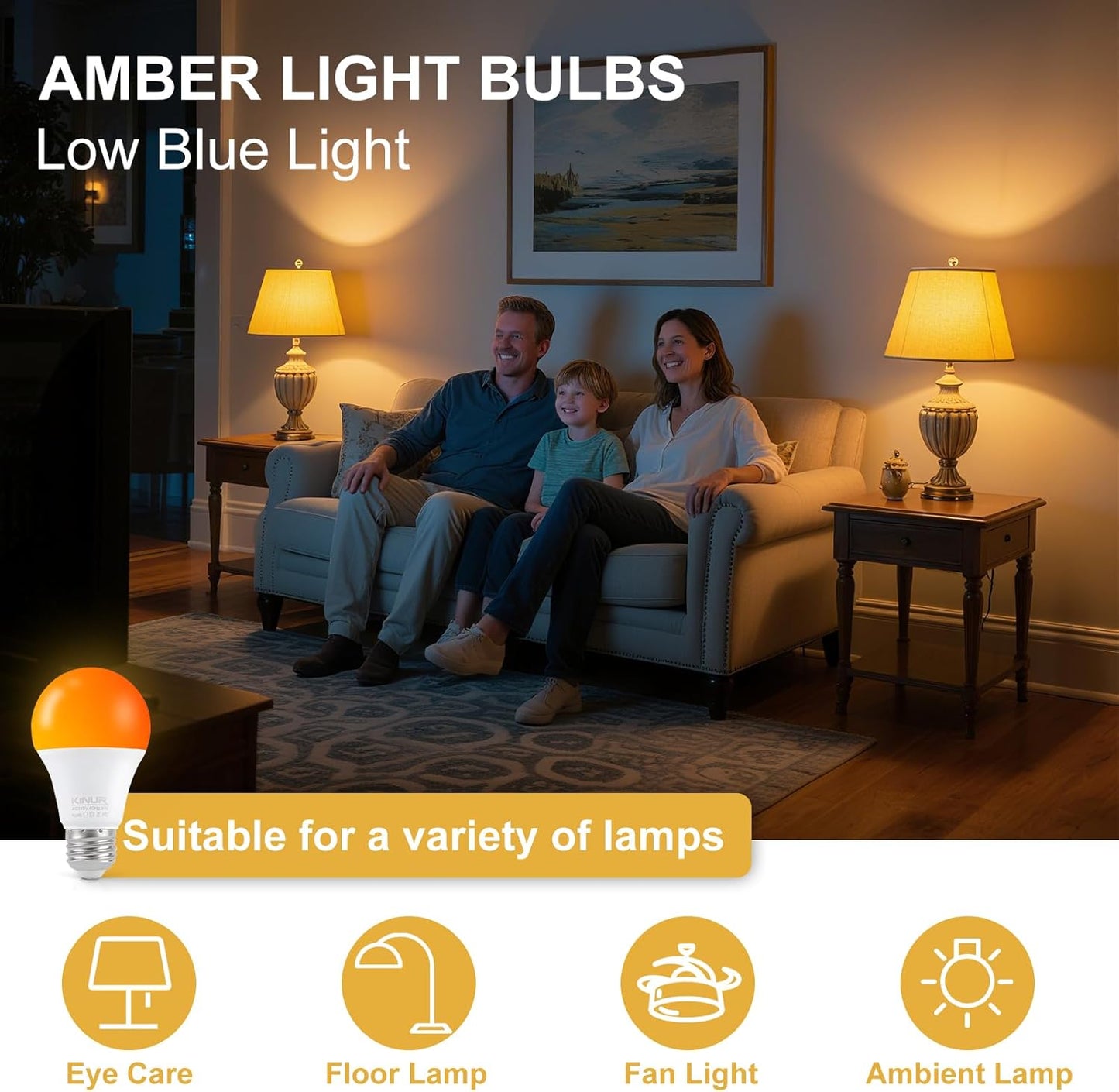 KINUR LED Amber Light Bulbs, A19 9W(60W Equivalent) 1800K E26 A19 Amber Soft Light Bulbs Warm Light for Bedroom, Healthy Sleep, Turtle Friendly Light 4 Pack