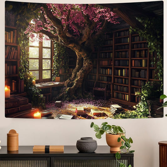 Richldeas 60x44inchs Bookshelf Tapestry Cherry Blossom Tree Tapestry Library Tapestries Reading Blanket for a Windowless Office and Dormitory Bedroom Living Room Home Decor RITAYW075