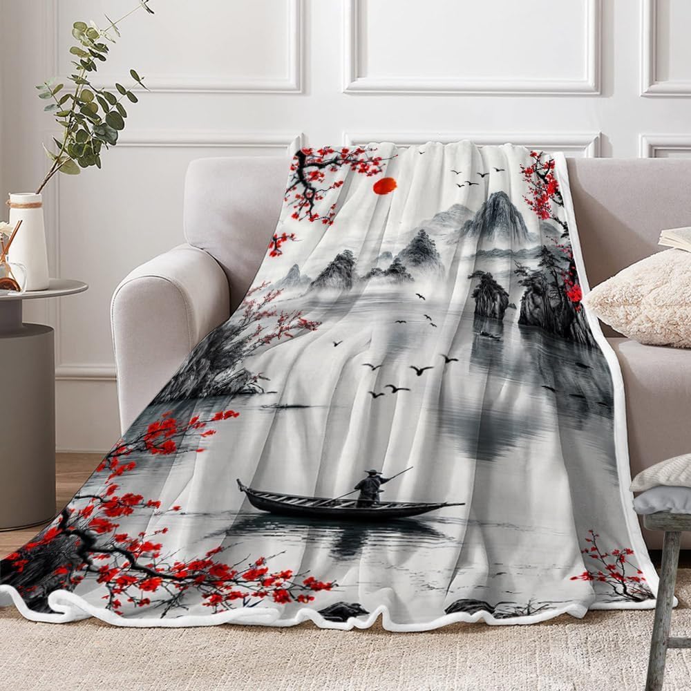 DYNH Japanese Cherry Blossom Throw Blanket, Asian Nature Landscape Throw Blanket, Mountain Cherry Branches Red Sun Ink Painting Soft Warm Flannel Black White Grey Blanket,60X90