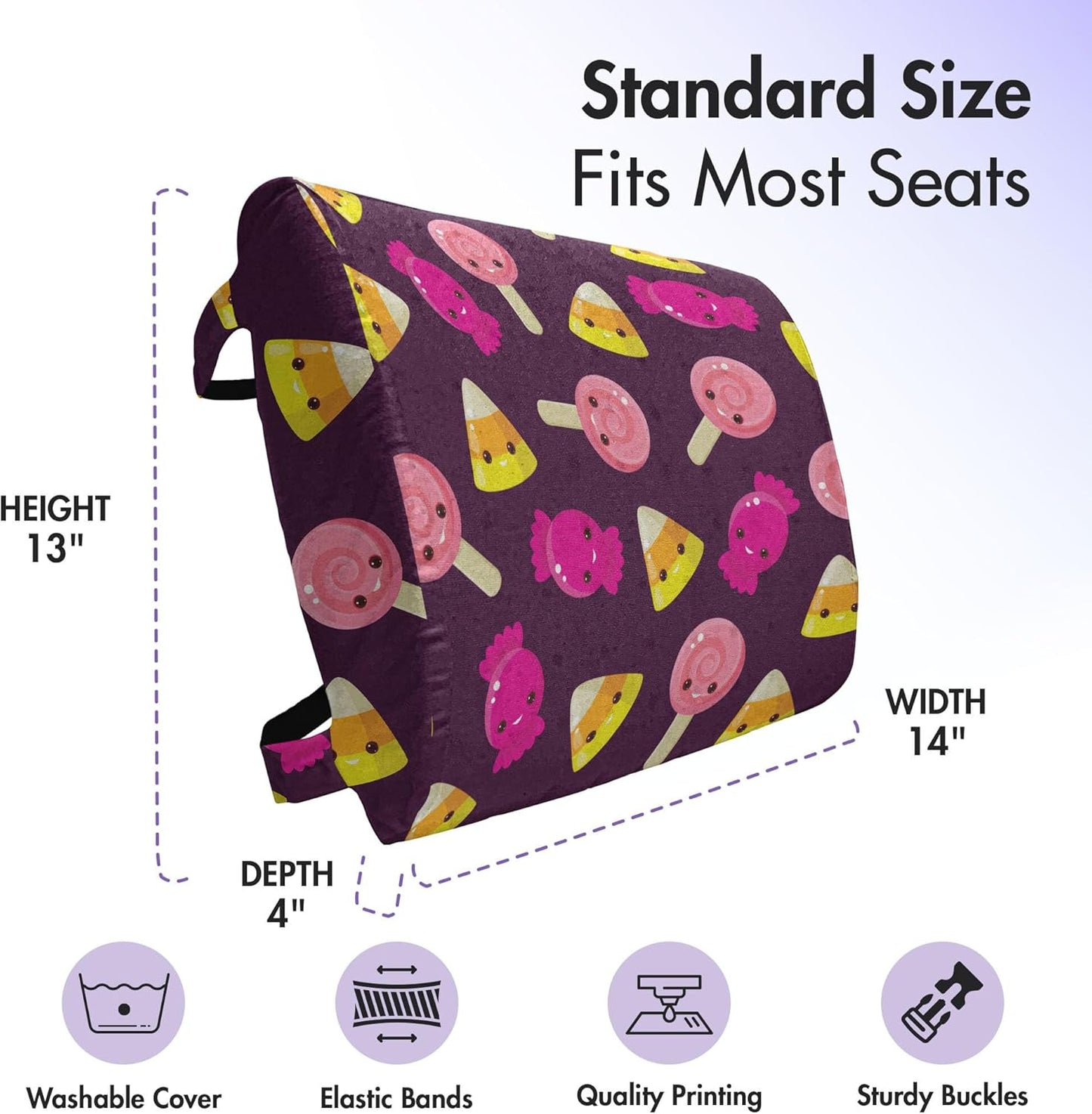 Lunarable Candy Corn Lumbar Back Support Pillow, Pattern of Kawaii Style Funny Sweets with Eyes Lollipop Print, High Density Foam for Office Chairs Car Seats, 14" x 13", Dark Mauve and Multicolor