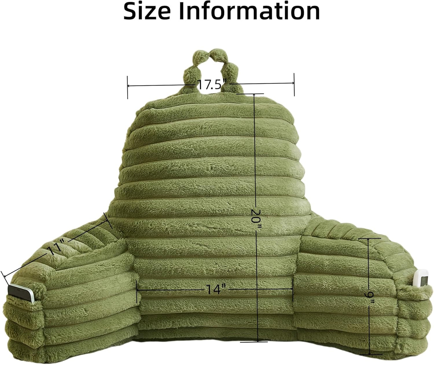 Faux Fur Fluffy Sage Reading Pillow with Pockets, Luxury Striped Plush Decorative, Arm Rests and Back Support for Bed Rest, Lounging on Sofa, Extra Large Size for Adult.