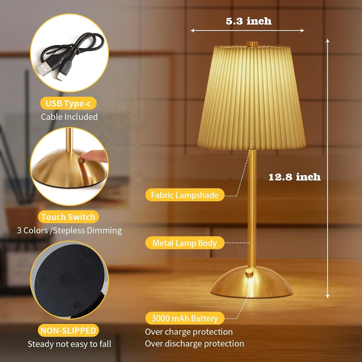 Cordless Table Lamp, 3000mAh Rechargeable Battery Operated Touch Light, Portable 3-Color Dimmable Vintage Ambient Light Beige Fabric Shade for Dining Table/Bedroom/Kitchen/Bar/Bathroom/Entryway/Gift