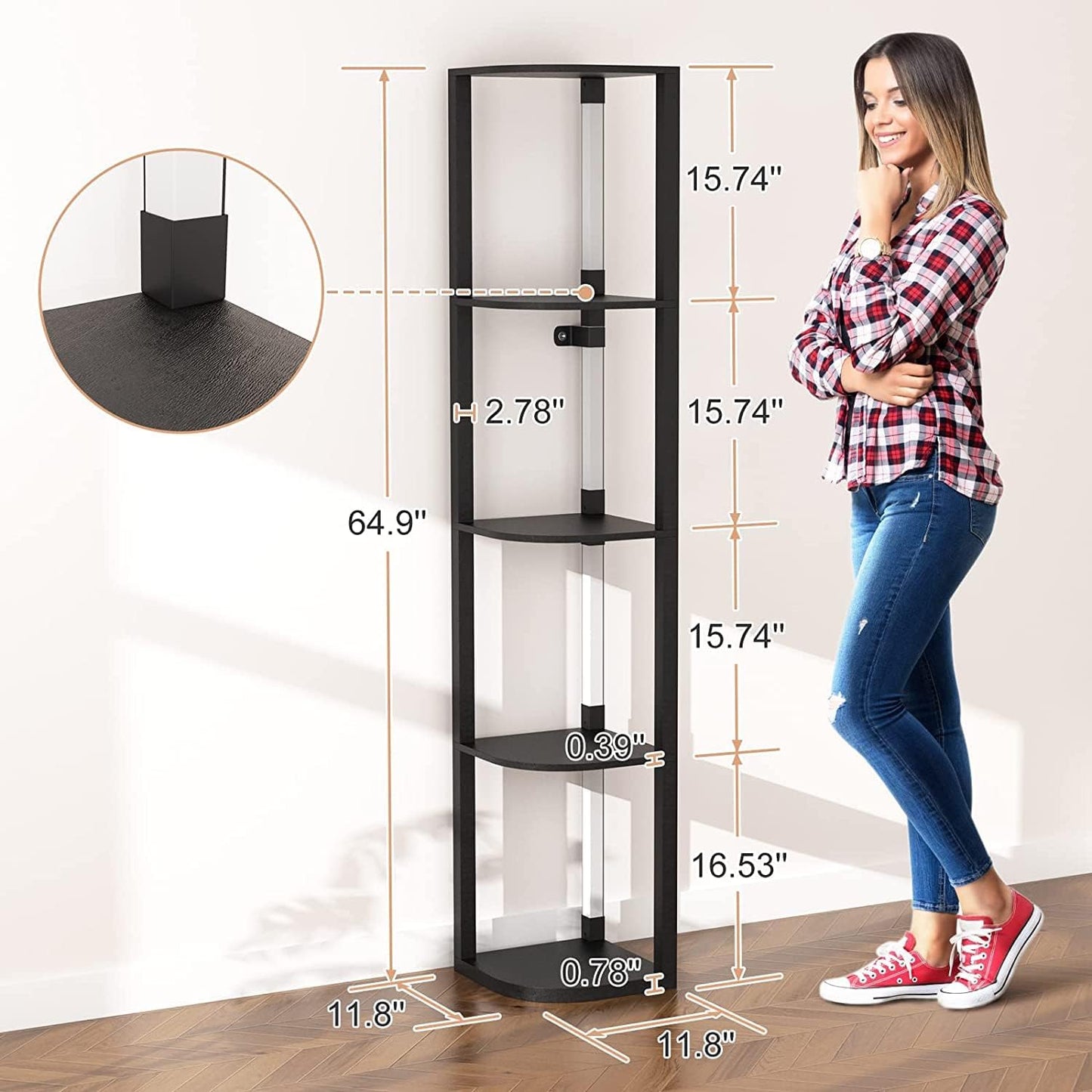 VTRIN Corner Shelf with Light, Modern Home Decor Stand Floor Lamps with Storage Shelves for Collectibles, Sturdy 5-Tier Corner Bookshelf Cabinet Display Shelf for Living Room Bedroom Small Space