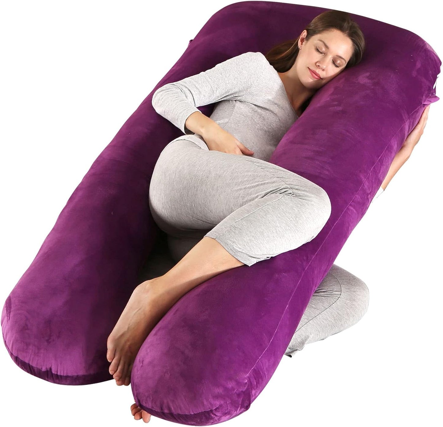 Amagoing 55 inches Pregnancy Pillows for Sleeping, U Shaped Maternity Full Body Pillow for Pregnant Women with Hip, Leg, Back, Belly Support, Washable Velvet Cover Included (Dark Purple)
