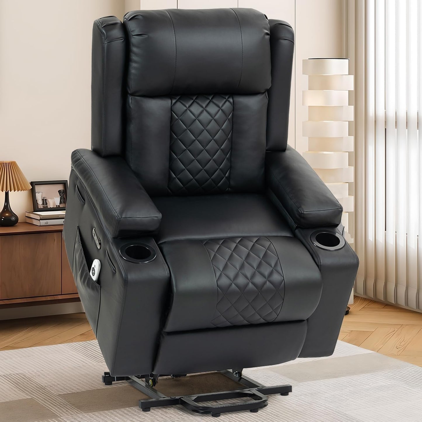 Electric Lift Recliner Chair for Seniors with Full-Body Vibration Massage, Heated Lumbar Support, PU Leather Sofa with Cup Holders Adjustable Footrest, Perfect for Living Room or Home Theater, Black