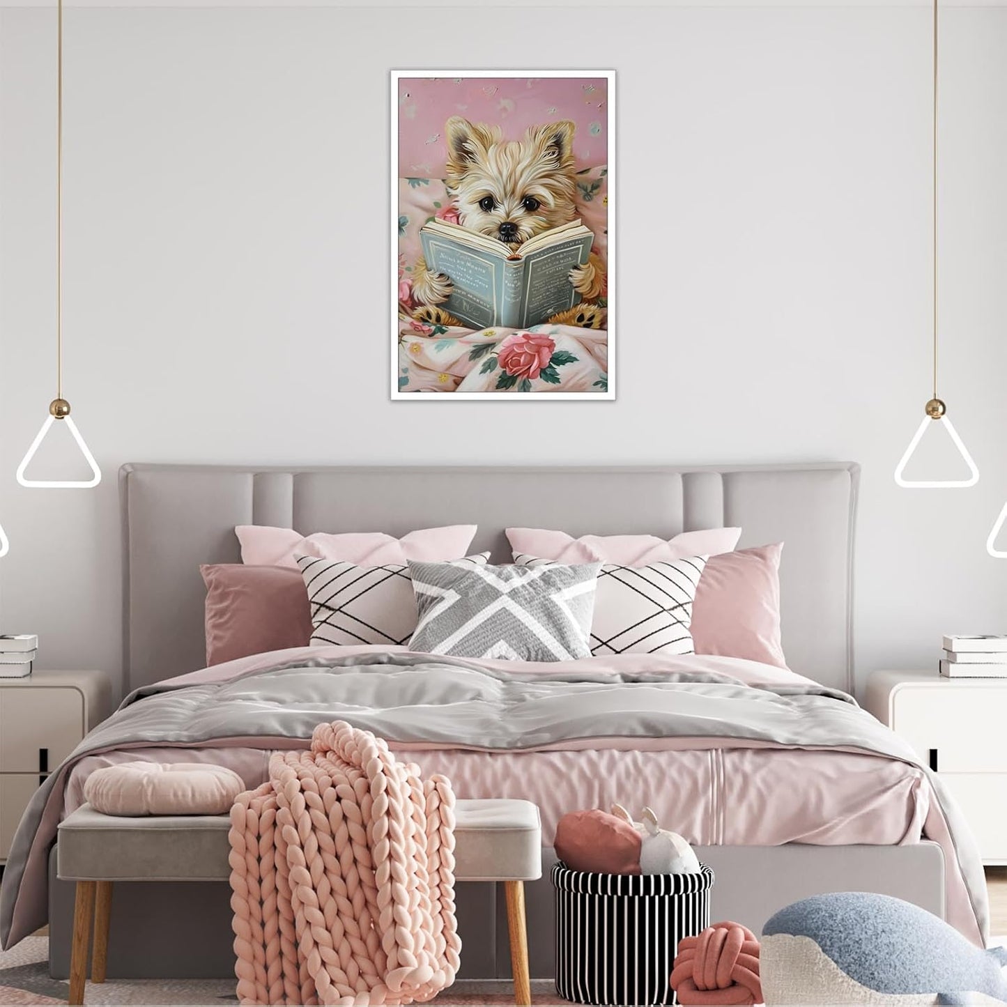 Vintage Dog Reading Books Posters Pink Funny Animal Canvas Wall Art Cute Pet Lovers Minimalist Aesthetic Prints Painting For Girls Room Home Bedroom Dorm Wall Decor 12x16in Unframed