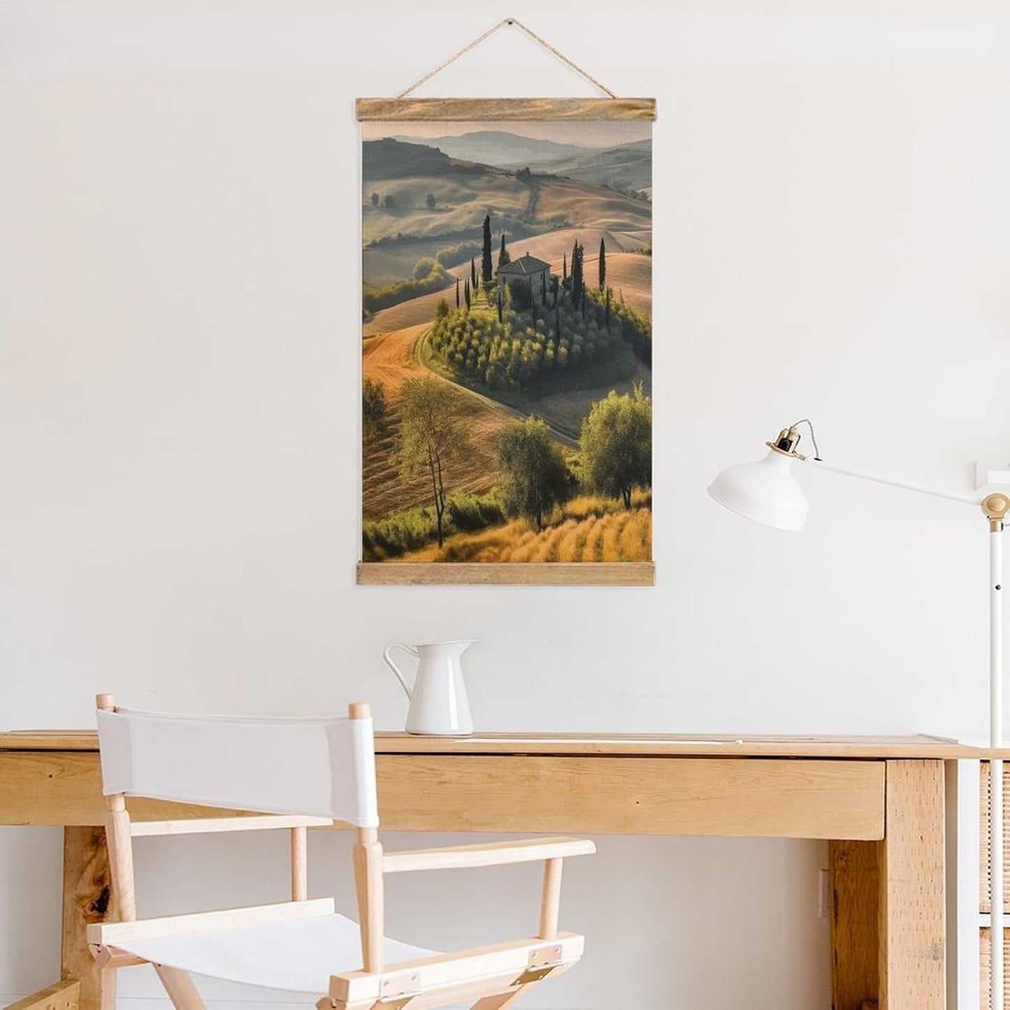 Vintage Tuscany Landscape Tree Scenery Farm Poster with Wooden Frame Personalized Linen Hanging Scroll Painting Rustic Wall Hanging Illustrative Modern Artwork Decor for Home Living Room Bedroom Offic