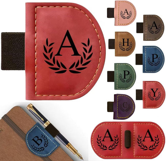 Personalized Bygone Mark Bookmark with Pen Holder, Magnetic Bookmarks with Vintage 26 Letters, Engraving Leather Magnetic Pen Holder Bookmark for Women Book Lovers Gifts (Red, A)