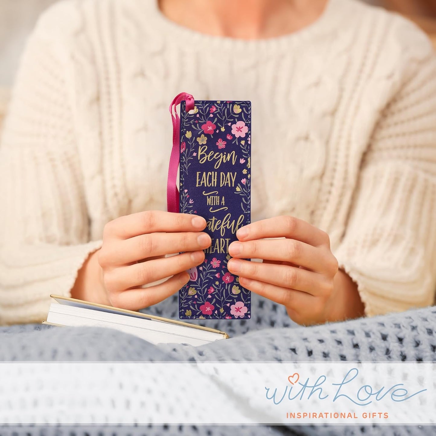 With Love Pink/Blue Faux Leather Bookmark for Women, Begin Each Day with A Grateful Heart Floral Debossed Design w/Gold Accents/Ribbon Tassel, Inspirational Encouraging Book Accessory for Booklovers