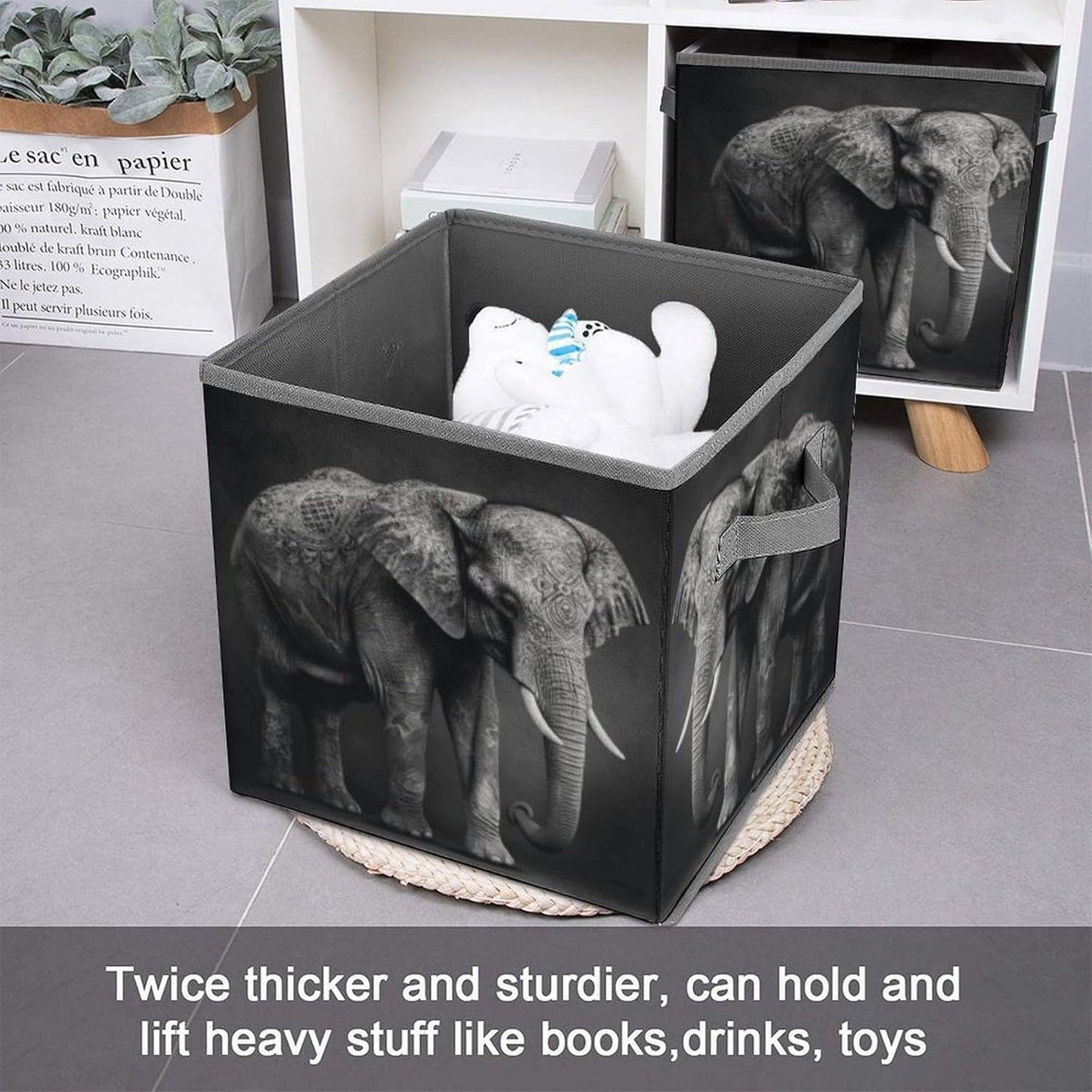 Black And White Elephant Image Storage Bins with Handles Fashion Large Storage Cubes Sturdy Foldable Storage Boxes Space-Saving Storage Baskets for Home Office Clothes Closet Organizers