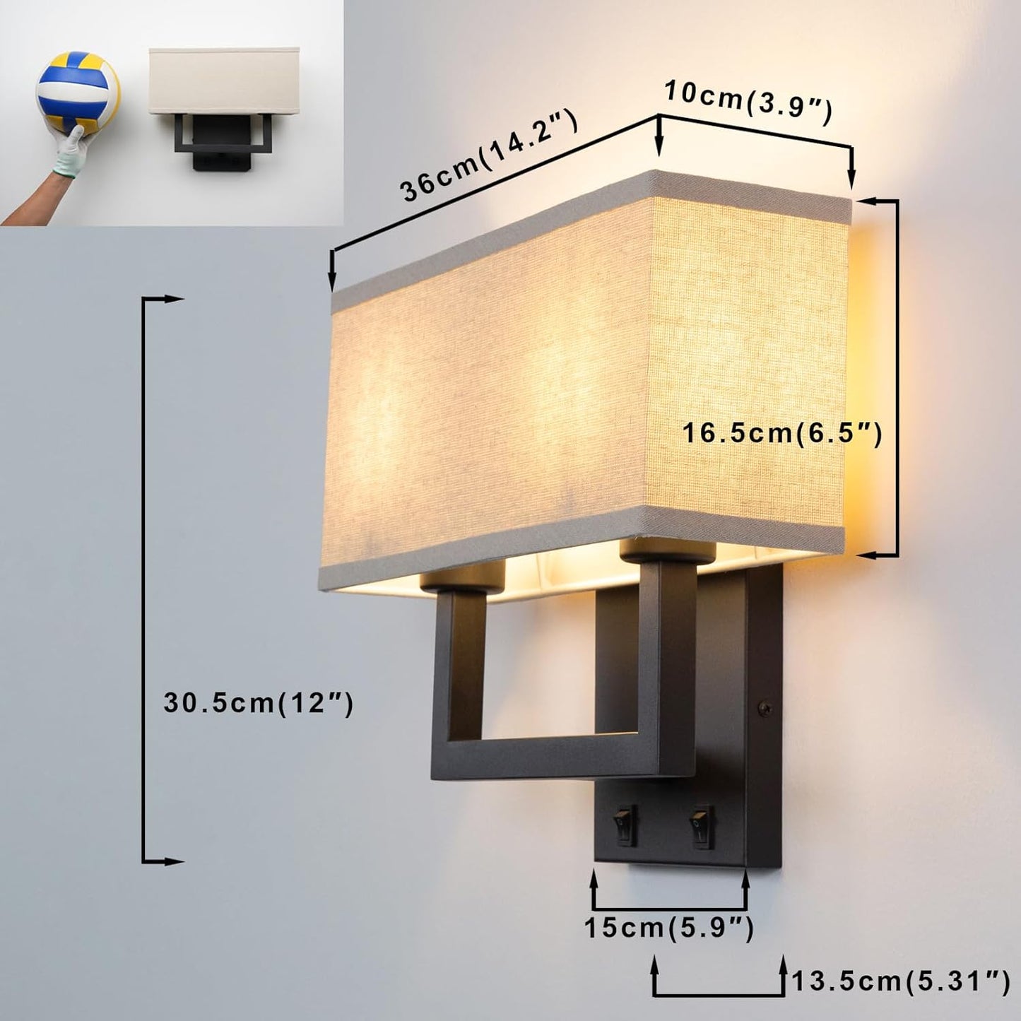 Yosoan Linen Fabric Boho Wall Sconce Bedside Light with On Off Switch, 2-Light Finished Hardwired Vintage Industrial Dual Wall Mount Lamp Lighting Square Shade for Bedroom Living Room Stairwell(Black)