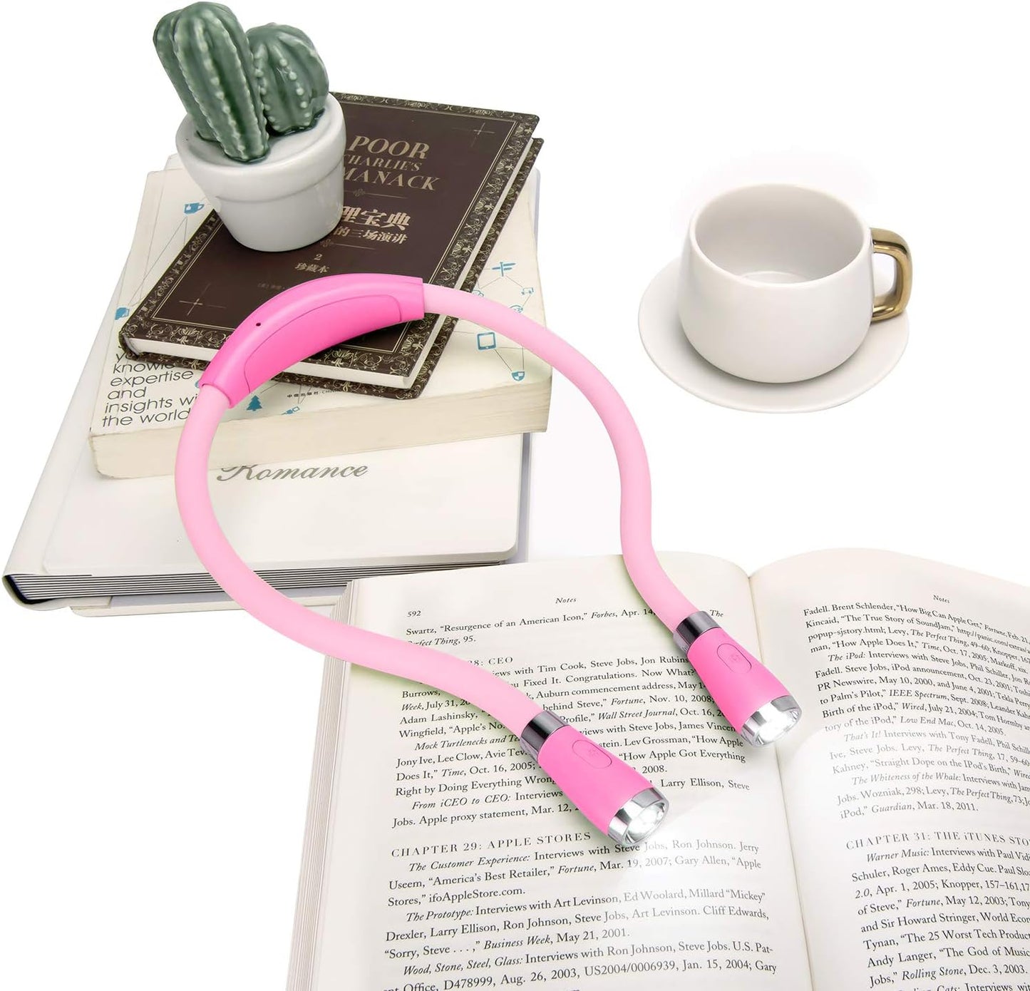 LED Neck Book Light, USB-C Rechargeable, Hands Free, 4 Super Bright LED Bulbs, 3 Adjustable Brightness, Best for Reading in Bed, Knitting, Walking, Jogging, Mending in Night (Pink)